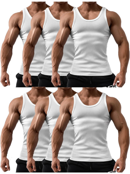 6 Pcs Men's Solid Color 100% Cotton Tank Tops Crew Neck A Shirt Daily Wear Basic Underwear Regular Fit, Ribbed Texture Sleeveless Vest For Gym and Casual Wear