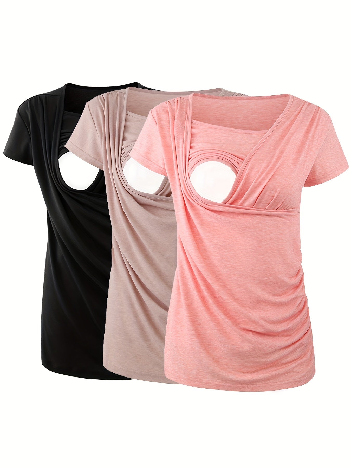 Set of 3 Women'S Short Sleeve Maternity Tops with Side Ruching for Breastfeeding