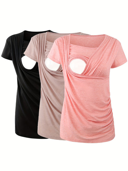 Set of 3 Women'S Short Sleeve Maternity Tops with Side Ruching for Breastfeeding