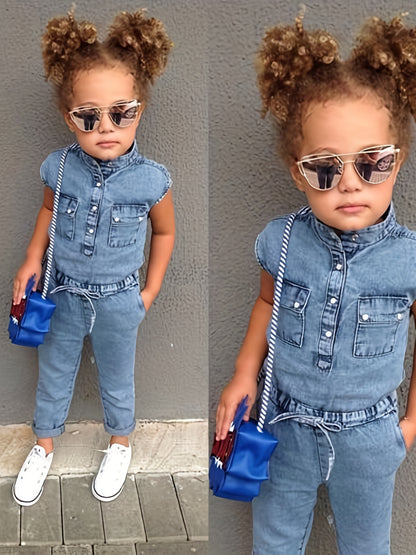Little Kids Girls Fall Denim Jumpsuit - Sleeveless Folded Collar Button- One-Piece with Chest Pockets Long Pants, Easy Soft Daily Outing Photo Prop Leisure Autumn Clothes, for Outdoor