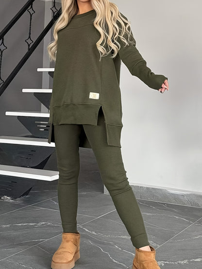 2pcs New Women'S Fashionable Casual Top with Slit Long Sleeves And Round Neck Casual Solid Color Set Suitable for Spring Workplace Commutes