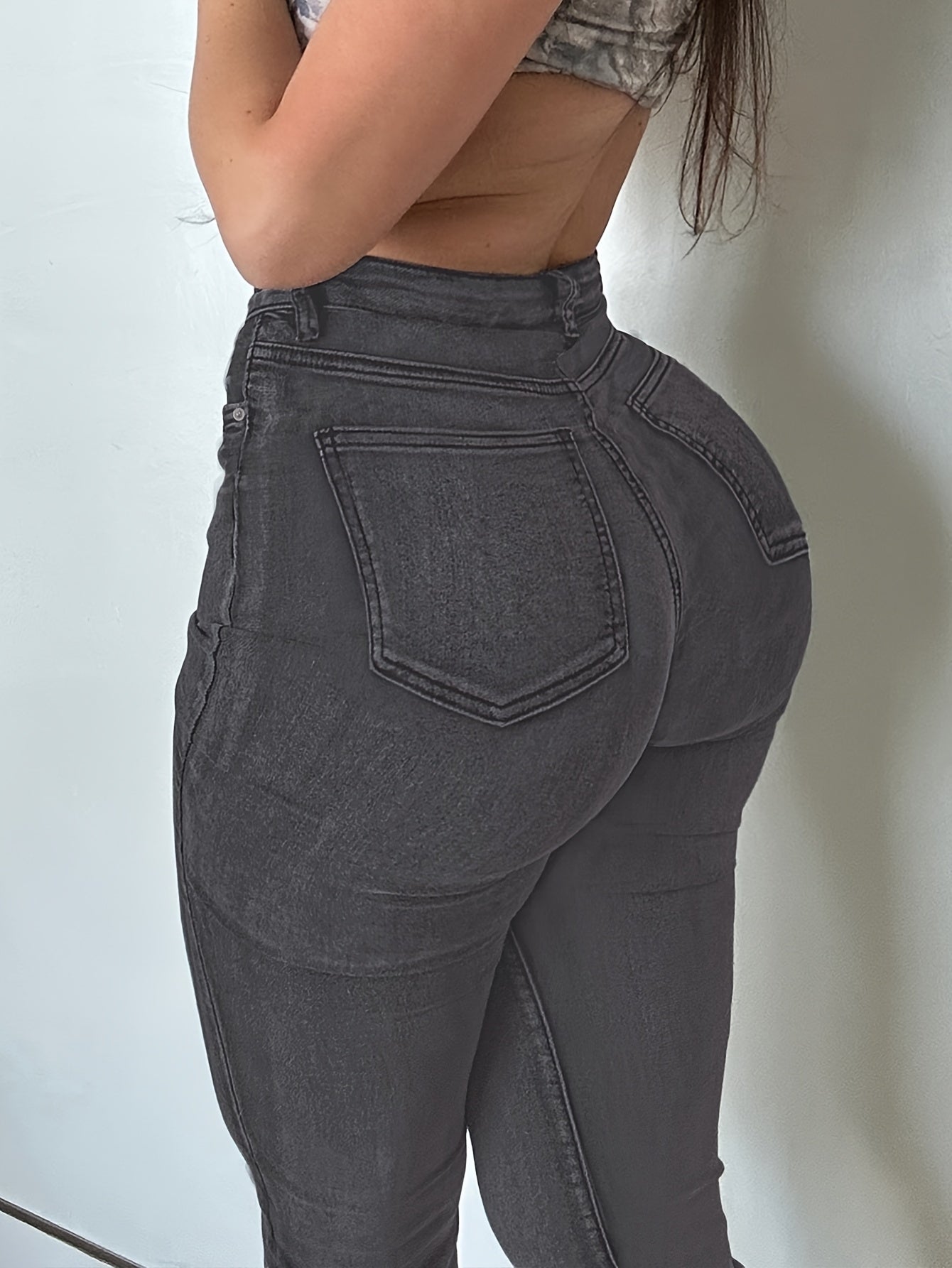 Women'S High Stretch Flare Zipper Jeans - Solid Color Street Style with Pockets, Four Seasons Comfortable Machine Washable Fabric, Functional Fashion Design, Comfortable Fit