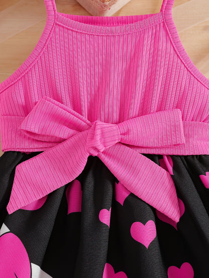 Spring/Summer Kids' Casual Camisole Dress with Cute Cat Print, Comfortable Long Sleeve Sweet Fashion Dress + Belt for Little Girls