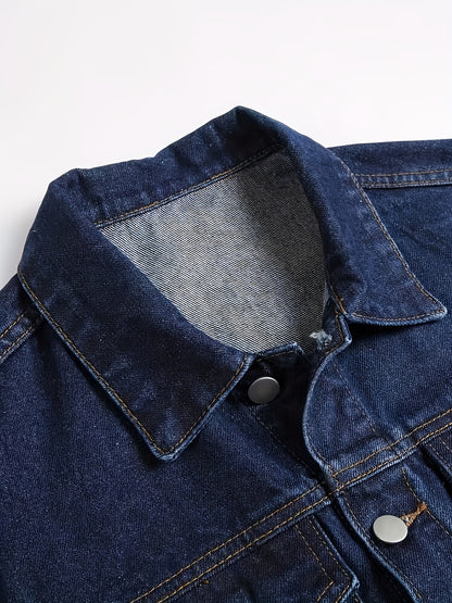 1pc Men'S Casual Denim Jacket, 80% 20%, Solid Color, Lapel Collar, Non-Stretch Woven Fabric, Regular Fit with Pockets