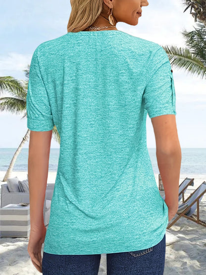 Women's Hot-selling Summer Casual V-Neck Pleated Blouse Short Sleeve Button-Up Solid Color Top
