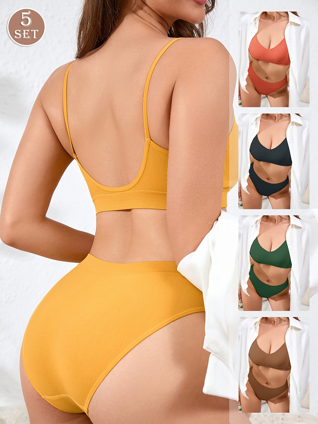 5pcs Women's Sexy And Cute Bra And Panty Underwear Set, Detachable Strapless Bra And Low-waist Stretch Briefs