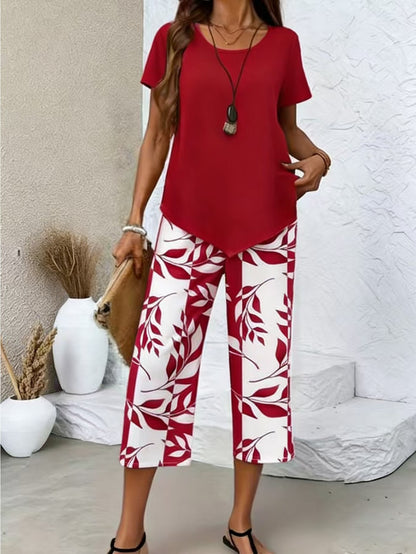 Spring and Summer Women's Casual 2pcs Set, Light Blue Short-sleeved Crew Neck Top, Blue and White Leaf Printing Seven-point Wide Legs, Loose and Comfortable, Daily Street Commuting Versatile Casual Suit, Casual Loungewear Suit