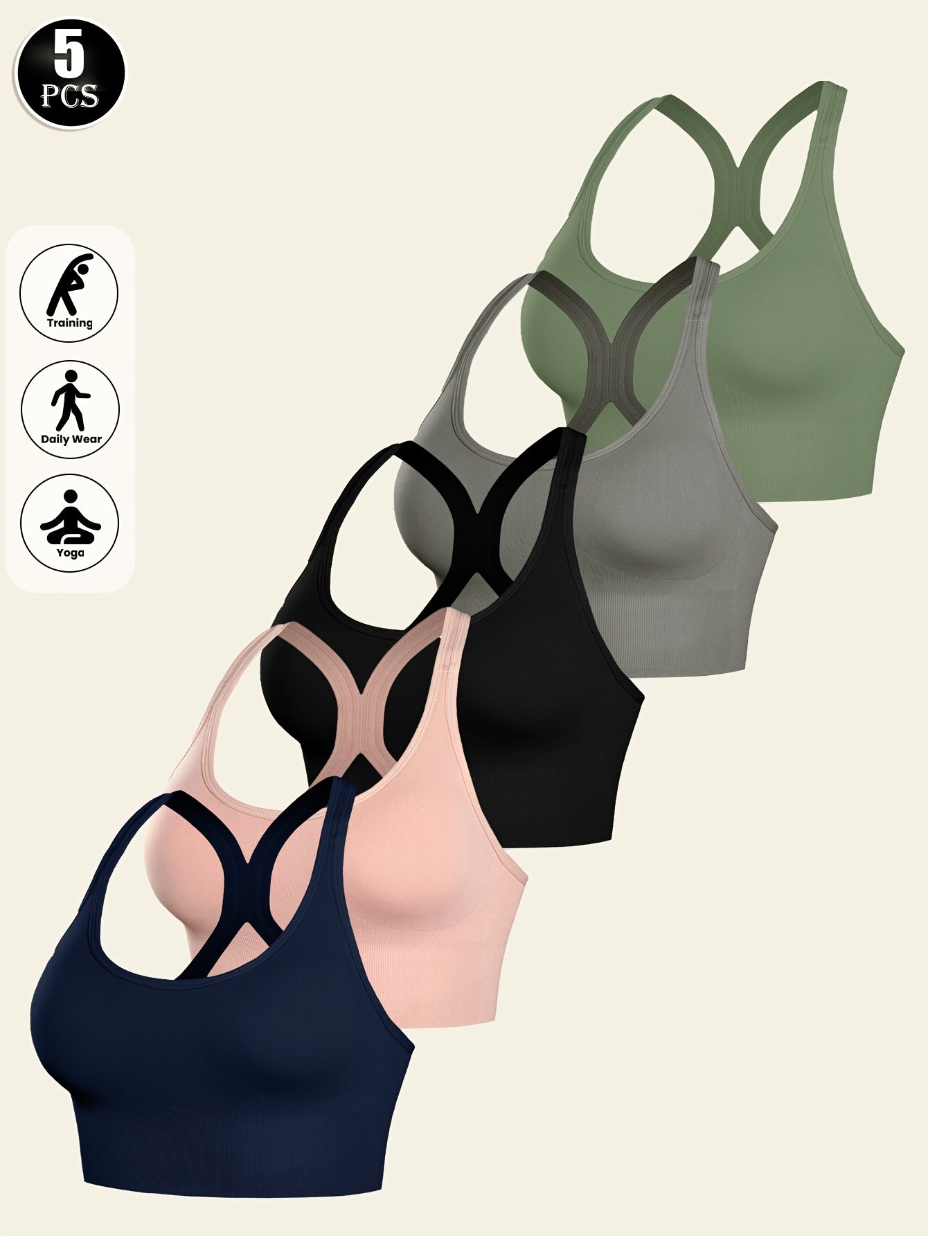 Set of Five Plus-Size Push-Up Bras Featuring a Seamless Design, Shock-Absorbing Tank Top, And a Cross-Back Style. They Are Breathable And Comfortable, Ideal for, And Workouts. The Round Neckline Offers Strong, Enduring Support