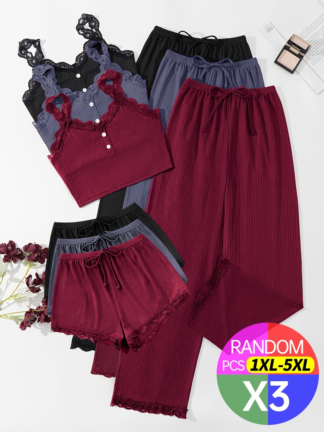 Random Delivery, 3pcs Plus Size Ladies Four Seasons Sexy Lace Suspender Home Service Suit (including Trousers, Shorts And Vest), Black-burgundy-grayish Blue, Sent Randomly.