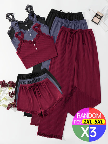 Random Delivery, 3pcs Plus Size Ladies Four Seasons Sexy Lace Suspender Home Service Suit (including Trousers, Shorts And Vest), Black-burgundy-grayish Blue, Sent Randomly.