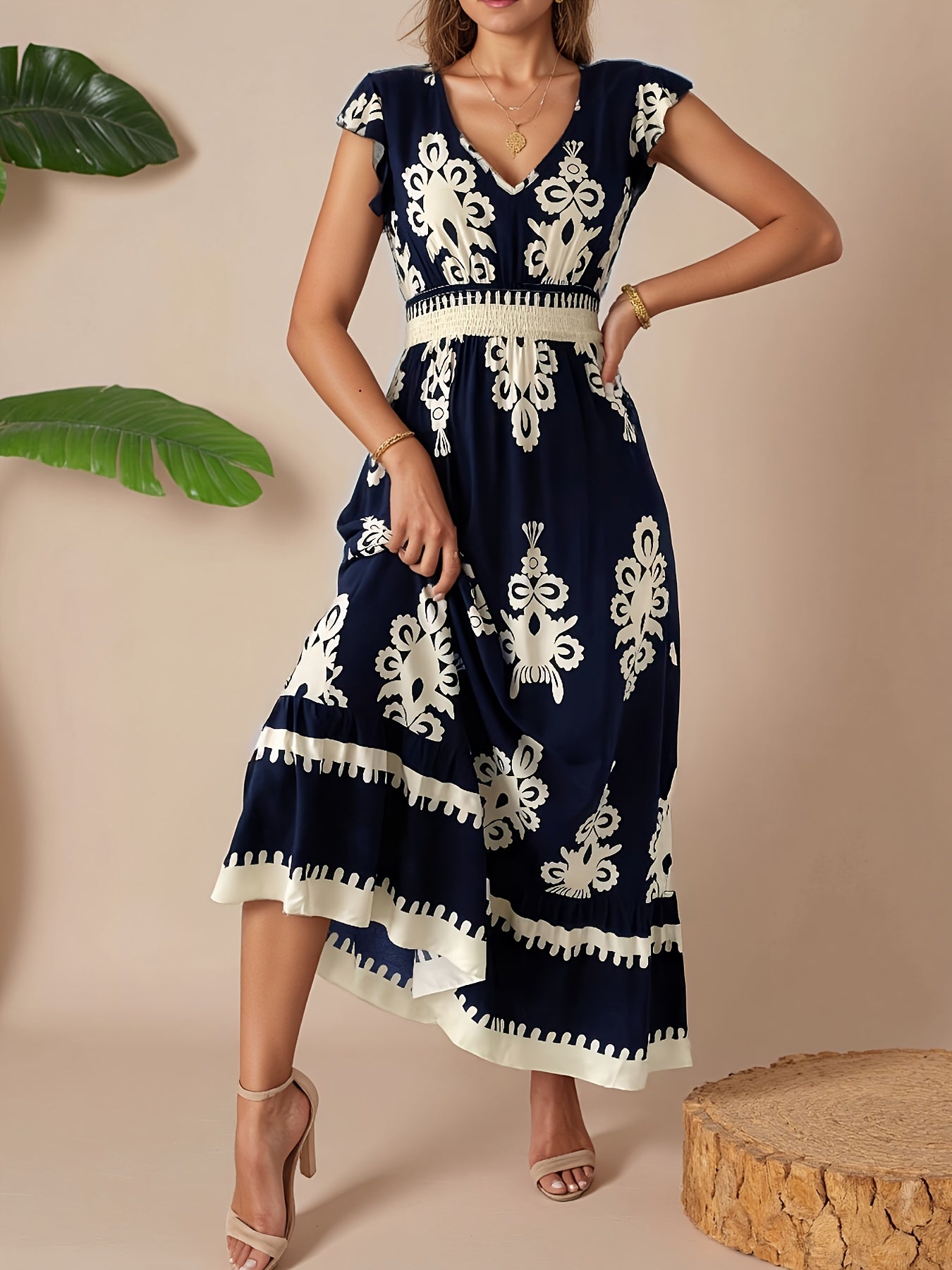 Fashionable Beach Dress for Women, Perfect for Spring And Summer Vacations, Featuring a Printed V-Neck And a Flowing Design