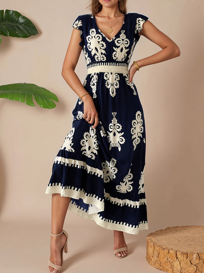 Fashionable Beach Dress for Women, Perfect for Spring And Summer Vacations, Featuring a Printed V-Neck And a Flowing Design