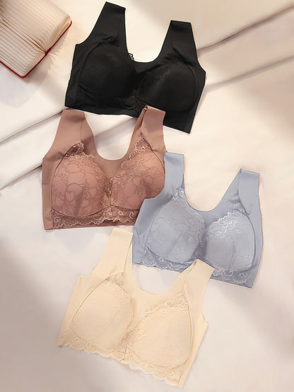 4pcs Elegant Floral Lace Push-Up Bra - Comfortable Wireless Design, Medium Support, Breathable Lining, Stylish Front Open Buckle, Wide Straps, And Jacquard Pattern - Perfect for Adult Women