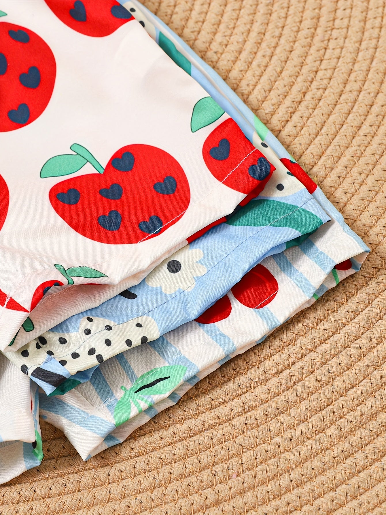 Set of 3 Girls' Casual Jumpsuits Featuring a Pink Fruit Print, a Blue Love Pattern, And a Solid Color for Spring And Summer, for Outdoor