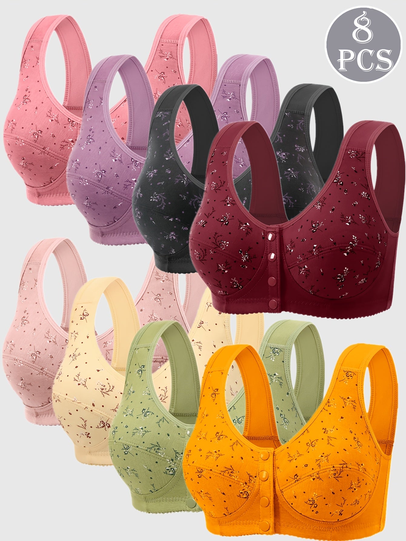 8-Pc Front-Closure Tank Top-Style Printed Comfortable And Breathable Women'S Underwear: Wire-Free, Stretch, Elegant, Sporty, Moisture-Wicking Bras for Moms And Mature Women (0XL-7XL)