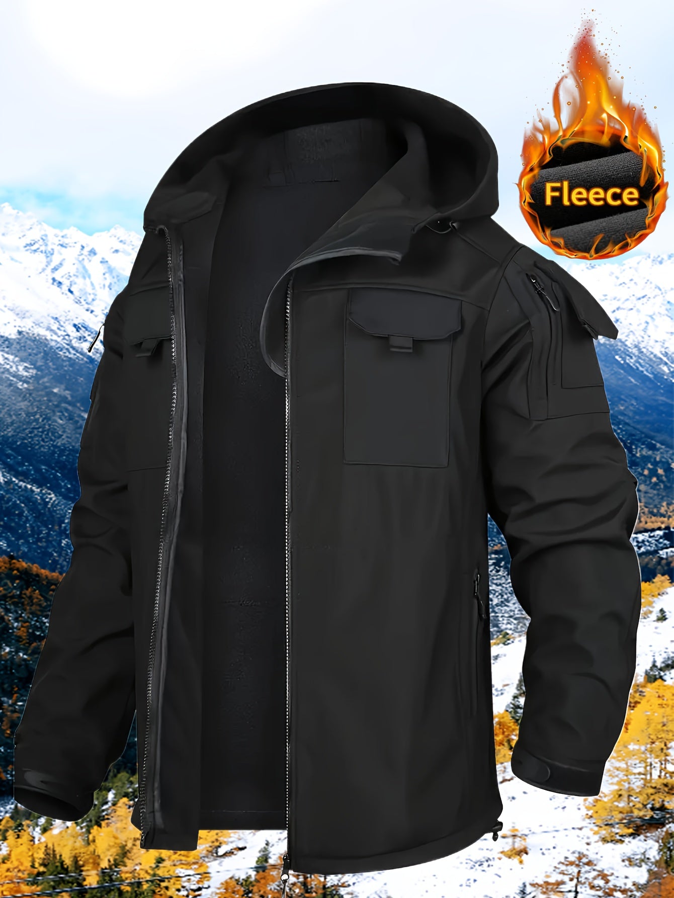 Men's Fleece-Lined Softshell Tactical Winter Jacket with Zip-Up Hooded Coat, Multiple Pockets & Lining - Outdoor Skiing, Hiking, Camping Workwear - Machine Washable Warm Fall/Winter Gear for Cold Weather Activities (Polyester)