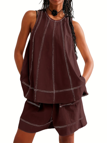 Womens 2pcs Outfits Sleeveless Matching Sets A Line Tank Tops Contrast Stitching High Waist Shorts with Pockets