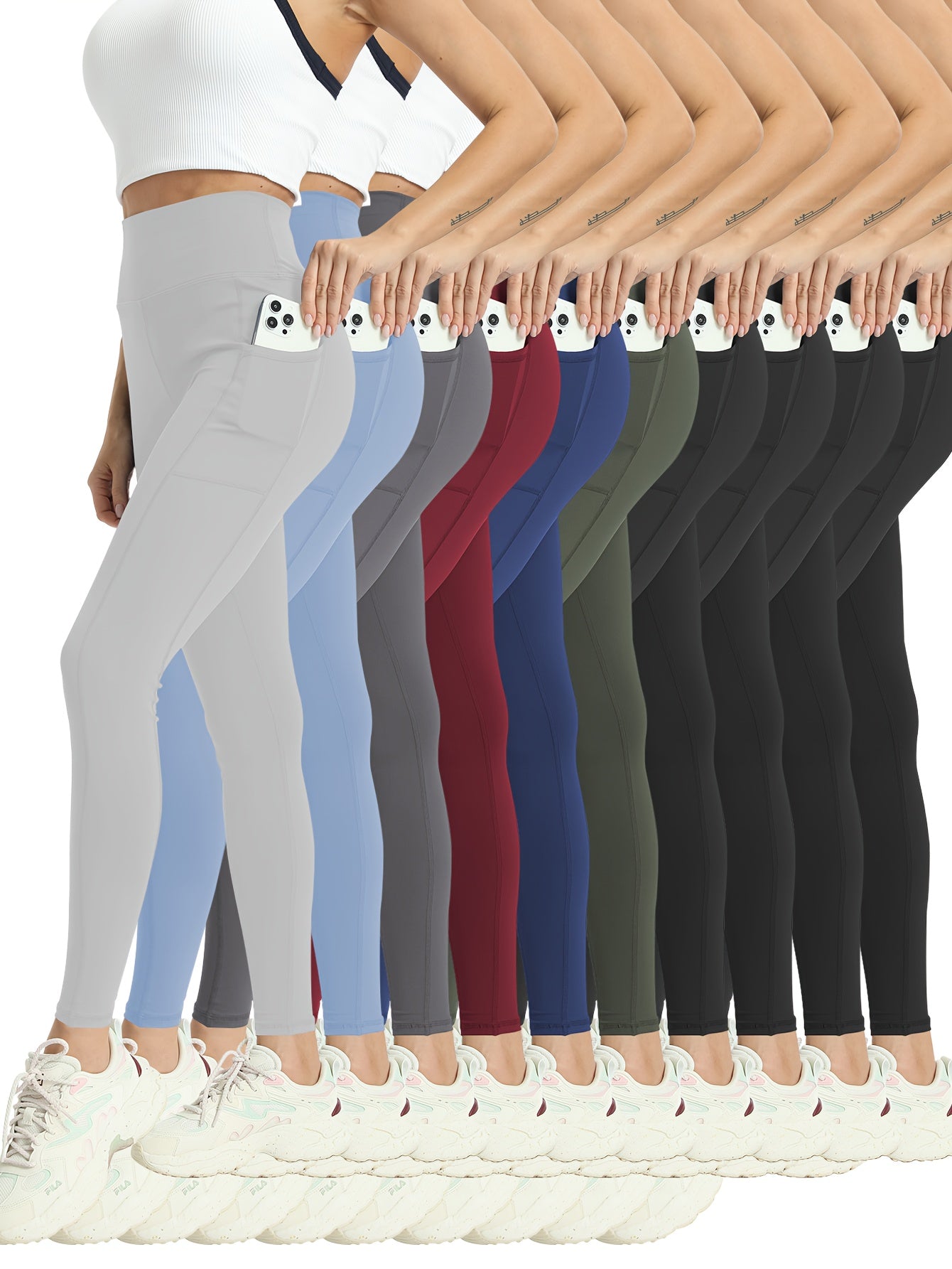 10pcs Pack Women's High-Waisted Stretch Yoga Leggings - Full-Length Workout Pants Suitable for Running, Gym, Pocketed for Layering - Solid Color Athletic Wear