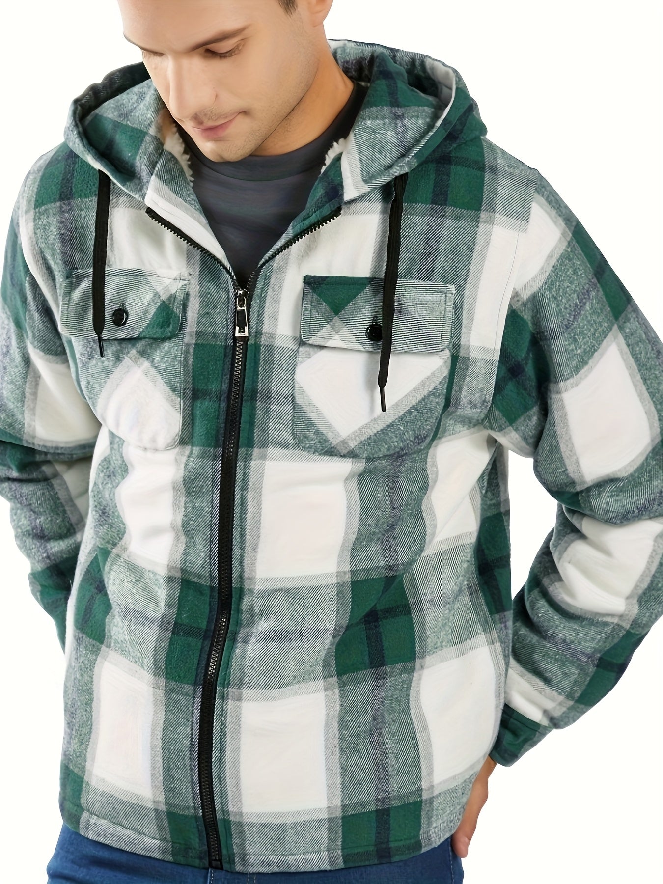 Men'S Zip-Up Hoodies with a Sherpa And Flannel Plaid Design