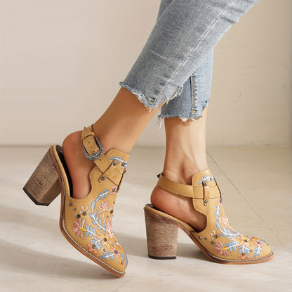 2025 New Women's Chunky Heel Ankle Boots, Pointed Toe Floral Vintage Style with Comfortable Open Back Strap, Women Shoes