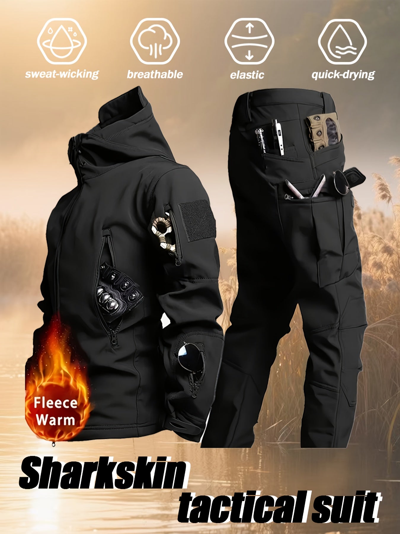 Men'S New Thickened Two-Piece Windproof Jacket And Hoodie Designed for Autumn And Winter, Featuring Multiple Pockets, Elastic Materials, And Warmth, Ideal for Hiking, Skiing, Fishing, And Outdoor Sports. Tactical Style with Breathable Fabrics
