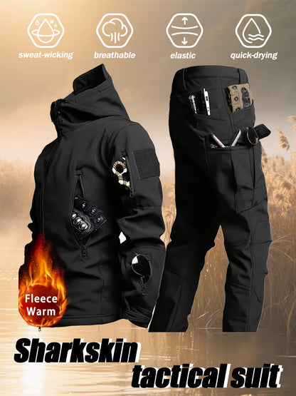 Men'S New Thickened Two-Piece Windproof Jacket And Hoodie Designed for Autumn And Winter, Featuring Multiple Pockets, Elastic Materials, And Warmth, Ideal for Hiking, Skiing, Fishing, And Outdoor Sports. Tactical Style with Breathable Fabrics