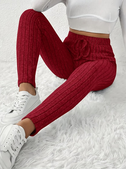Women'S High - Waist Ribbed Leggings - Stretchy Slim Fit, Drawstring Detail, Casual Solid Color Pants for All Seasons