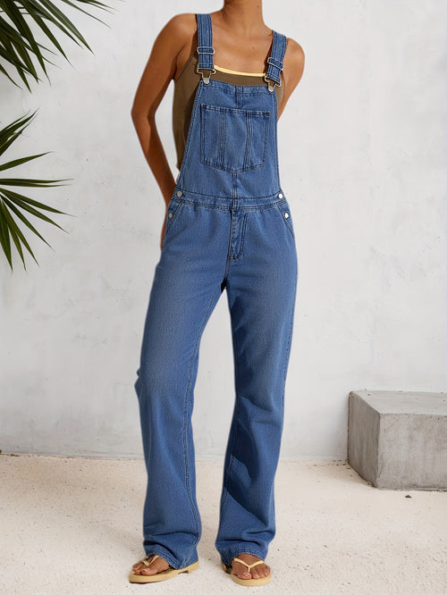 [Denim Overalls Set] Women's Denim Overalls Set - Non-Elastic Mid-Calf Long Style, Functional Pocket Design - Party Casual Wear, Versatile for Daily Use - Easy-To-Care Denim Clothing, Spring Fashion, Trendy Women, Four-Season Style, High-Quality Sewing, F