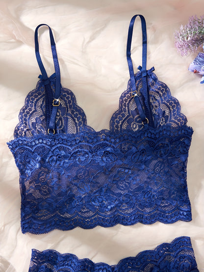 Elegant Blue Lace Sexy Lingerie Set with Floral Pattern - Includes Strapless Bra, Corset, and Thong, Bow Details, Adult Women's Semi-Transparent Seduction Briefs, Exotic Apparel|Floral Lace Set|Strapless Design