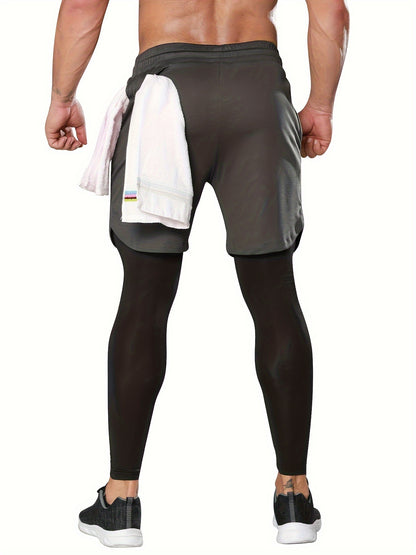 Compression Pants Men 2 in 1 Running Pants Workout Pants for Men Gym Tights with Towel Loop