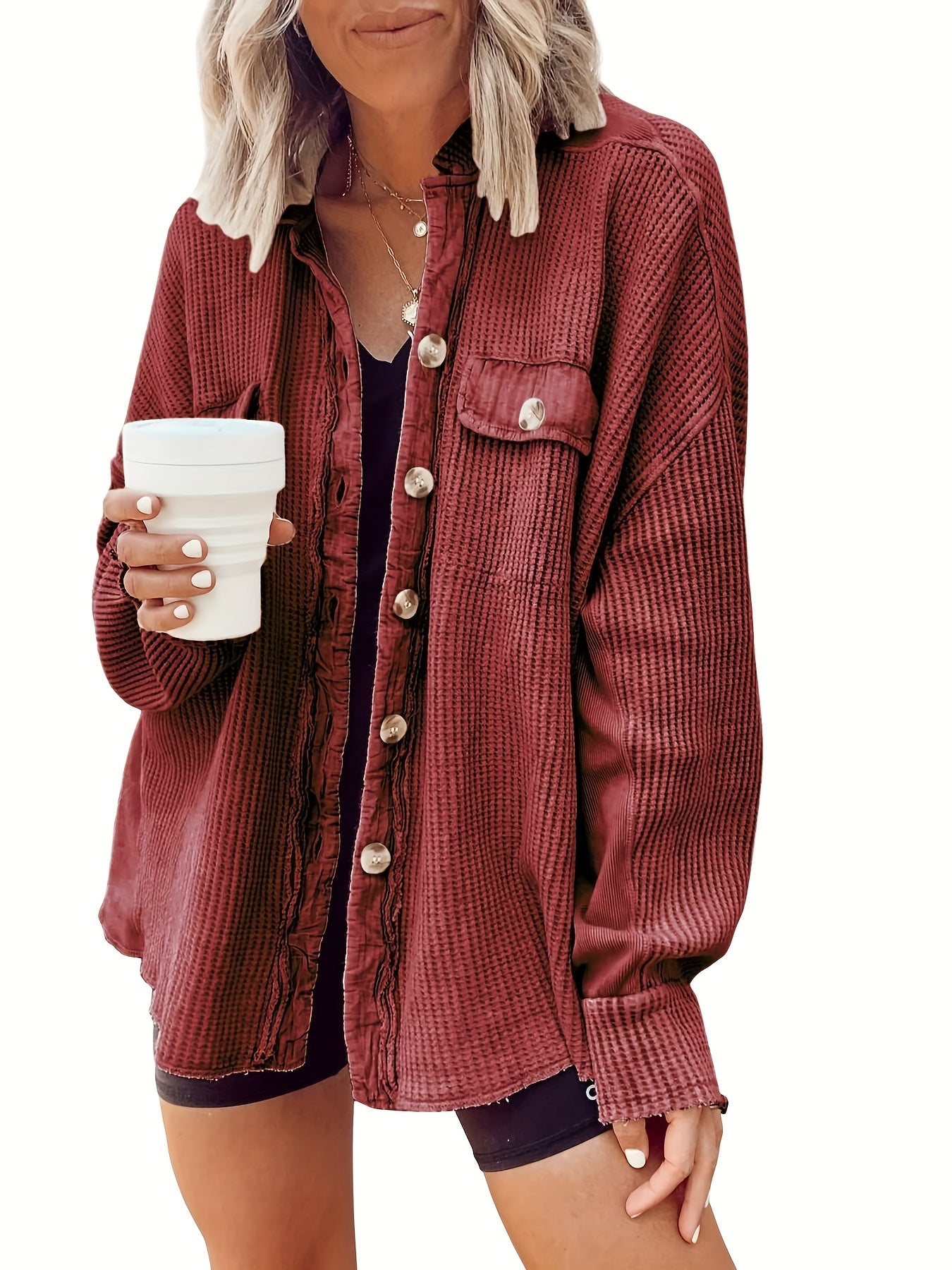 Women's Chic Oversized Waffle Jacket - Long Coat with Lapel Collar & Front Buttons, Machine Washable Winter Jacket for Everyday Formal Outfits - Cozy Fall and Winter Outerwear, Seasonal Fashion, Relaxed Fit, Durable Stitching, Casual Wear