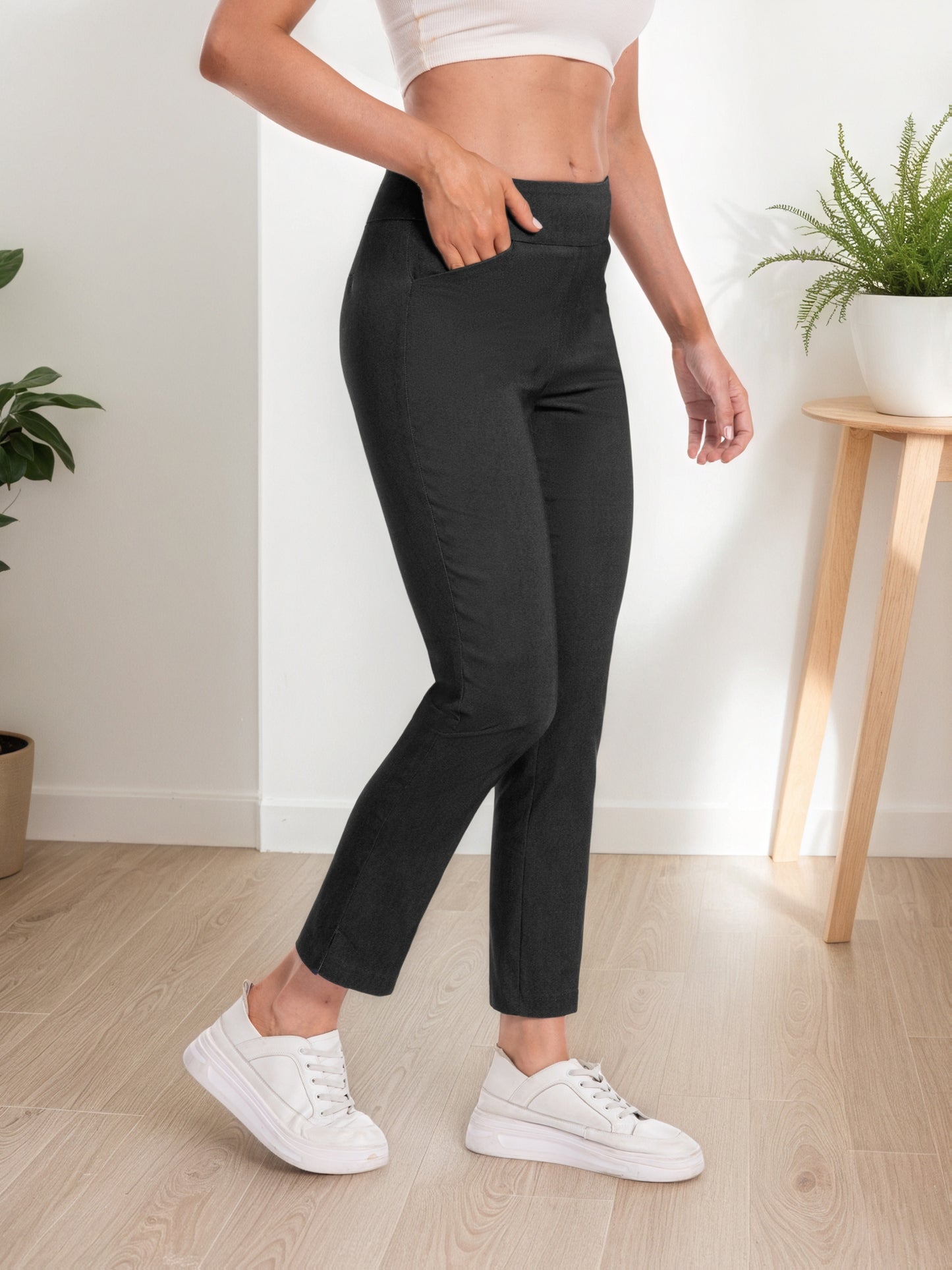 Women'S Pull-On Stretch Ankle Pants, High Waist Wide Waistband, Slim Straight Leg Fit, Side Pockets, Smooth Soft Fabric, Comfortable Work Dress Pants, Business Casual Office Career, Travel Commuter, Everyday Basics, Flattering Tailored Look
