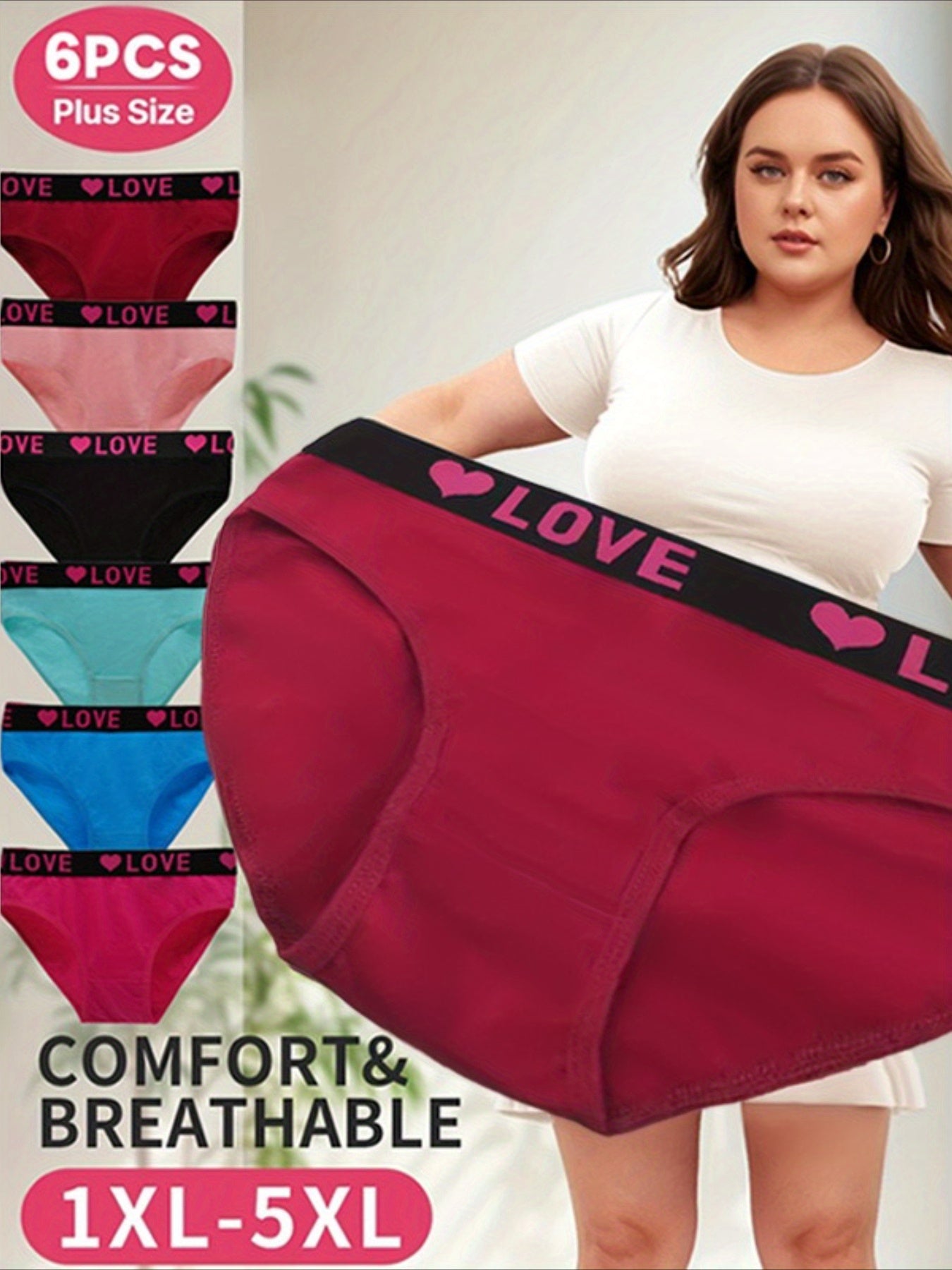 6pcs Seamless Women'S Underwear, Simple Letter Love Pattern, Comfortable Stretch Fabric Lingerie in Red, Black, Blue, Pink, Green, Beige