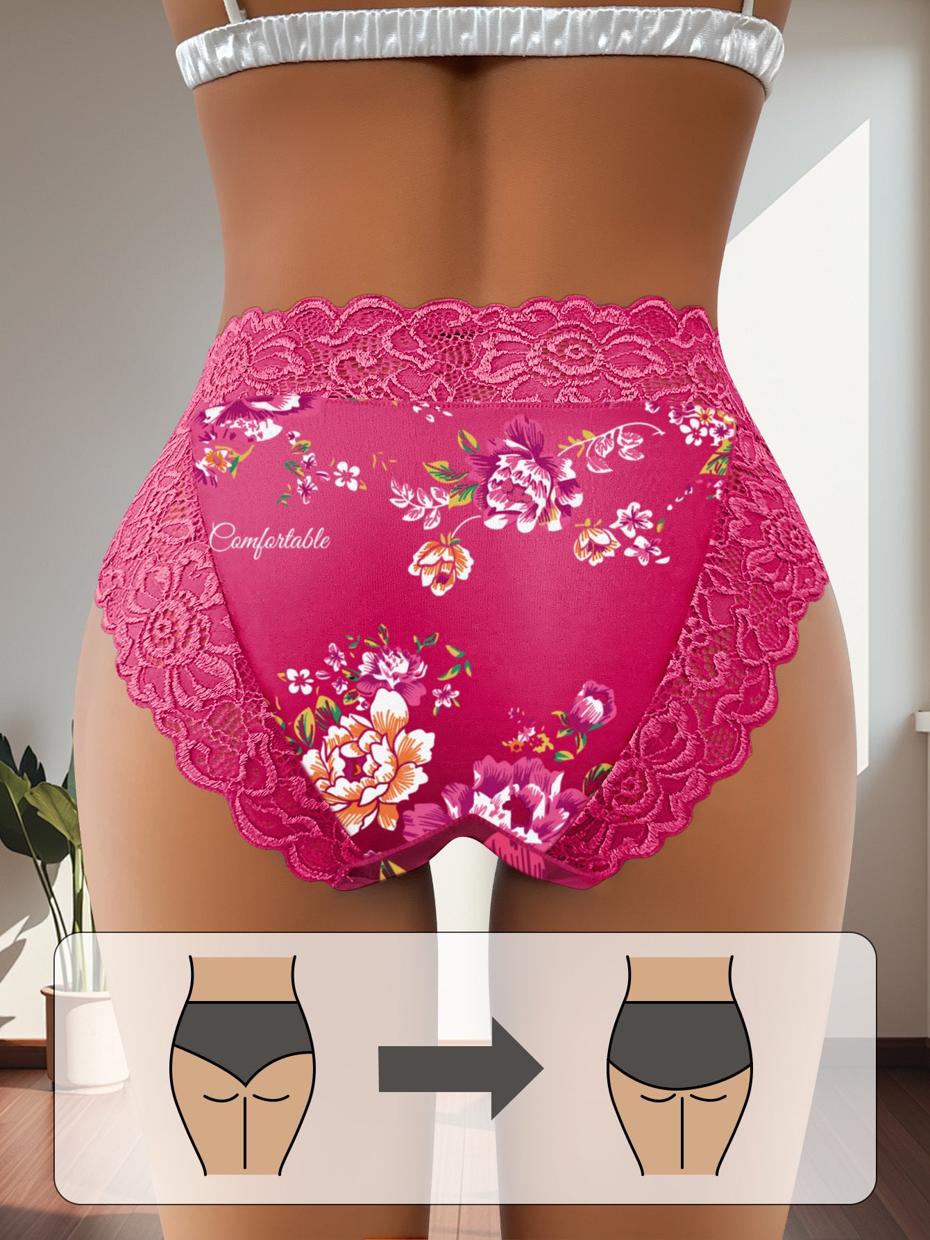 5-Pack Women's Mid-Rise Lace Trim Floral Print Panties Tummy Control Butt Lifting Seamless Invisible Soft Breathable Elegant Briefs for Daily Wear