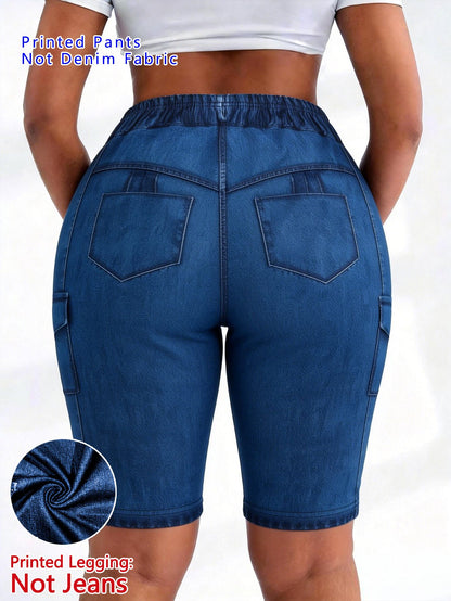 【imitation denim】Printed Pants- Non Denim Fabric 2026 Spring/Summer Hot Trend Non-Denim Base Tight Shorts with Full Elasticity, Retro Print, Suitable for Commuting and, Machine Washable