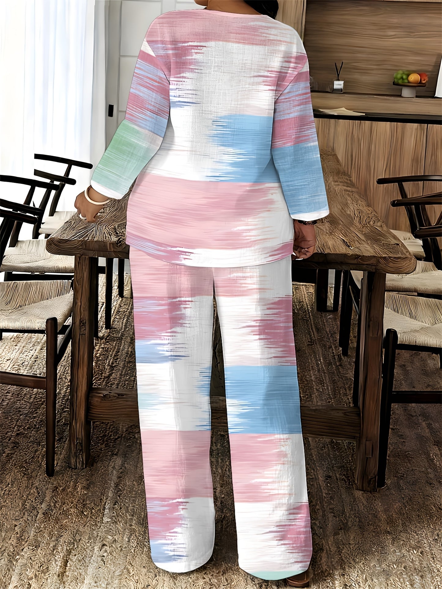 2026 New Women's Standard Size Long Sleeved Pants 2pcs Set, Set, Spring And Summer New V-Neck Long Sleeved Shirt Printed Elastic Waistband Pants 2pcs Set, Digital Printing Machine Washable Fabric, Elegant And Comfortable