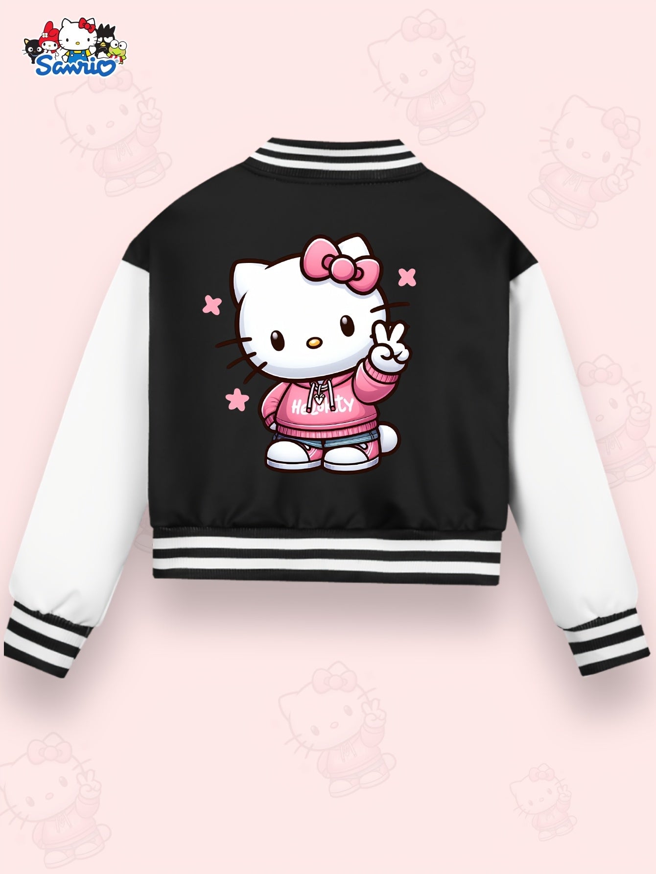 Sanrio Hello Kitty Girls' Cute Kawaii Jacket - Double-Sided Hello Kitty Print Varsity Coat with Button Closure, Warm Winter Outerwear Suitable for, Playdates & Themed Parties (Iconic KT Character)