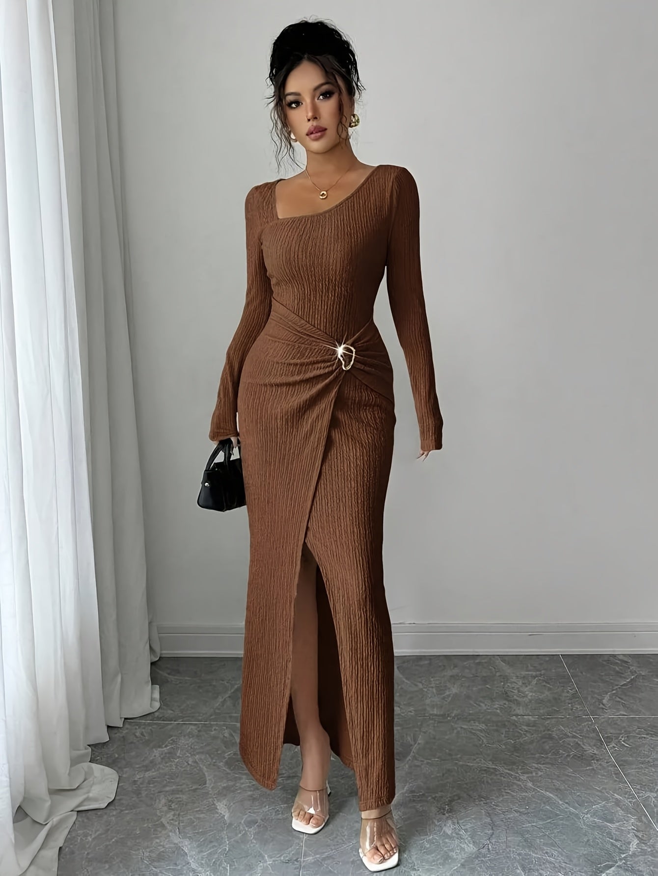 Women'S Solid Color Twisted Split Maxi Dress Asymmetrical Neck Slim Bodycon Fall Winter Elegant Fashion Dress