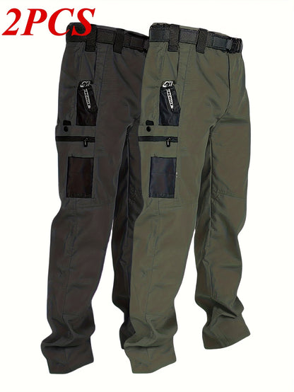 2pcs Set, Men'S Outdoor Cargo Pants, Multi-Functional Pockets, Lightweight, Ripstop, Durable Work Pants, for Camping Hiking Fishing, Suitable for Spring Summer And Autumn Seasons