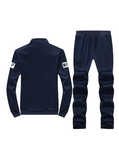 Men'S Navy Blue Tracksuit Set for Spring And Autumn - Zip-Up Jacket with 'SPORT' Print And Joggers, Made of 100%, Non-Stretch Material, Featuring Pockets