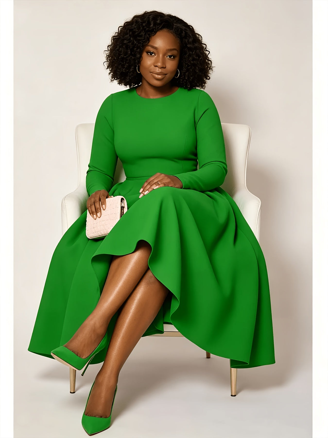 Plus Size - Plus Size Women'S Solid Color Round Neck Long Sleeve Back Pleated Flared Dress Autumn And Winter Elegant Long Dress