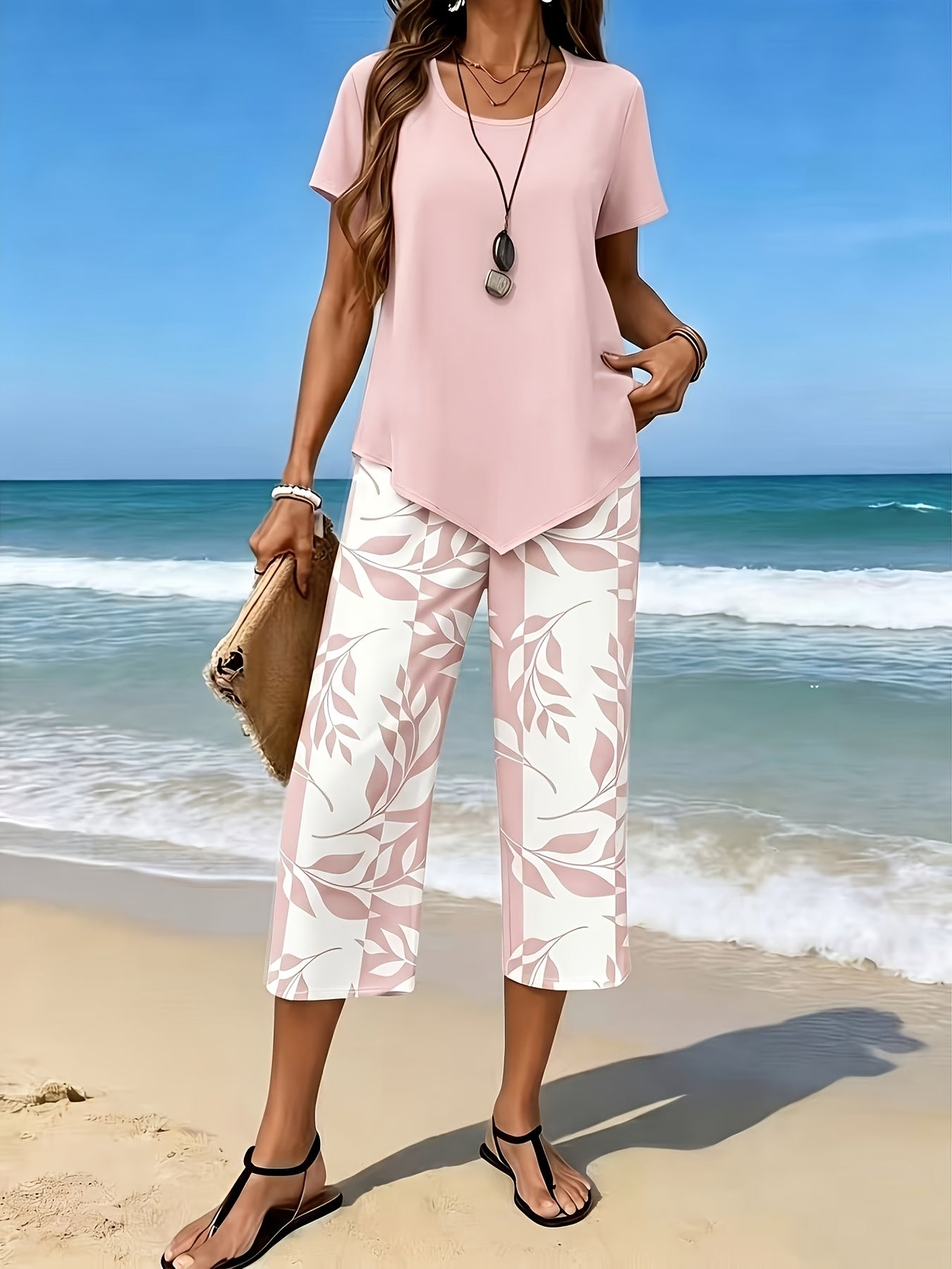 Women'S Spring/Summer Casual Two-Piece Set: Short Sleeve Round Neck Top with 7/8 Wide-Leg Pants, Loose Comfortable, Versatile for Daily Outings, Home, And Commuting