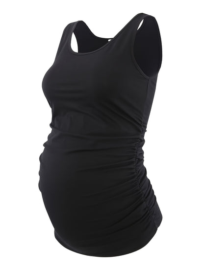 Women's Full Bump Coverage Maternity Tank Top - All-Stage Pregnancy Shirt with Side Ruching & Scoop Neck, Stretchy Rayon-Spandex Sleeveless Nursing Vest for Postpartum Wear, Breathable Belly-Friendly T-Shirt (No Chest Pads)