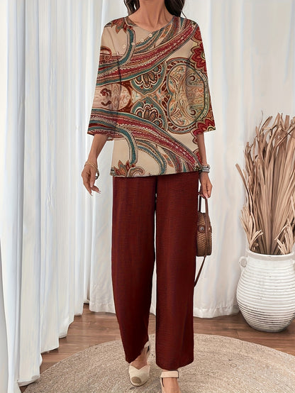 Elegant Women's Two-Piece Set - Round Neck Top And Wide Leg Pants with Checkered Patchwork Print, Polyester Material, Simple And Casual, Soft And Skin-Friendly, Perfect for Spring And Summer