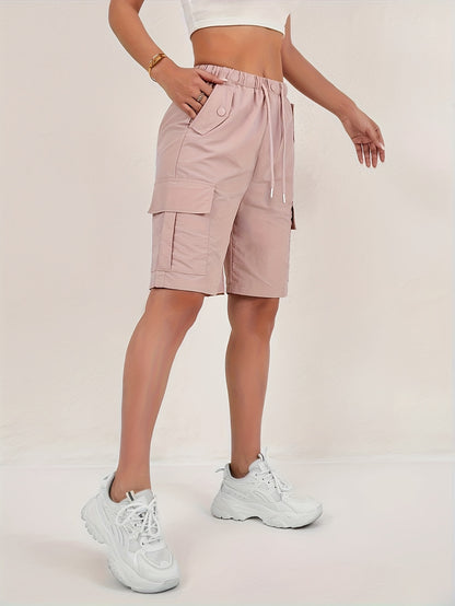 [Quick-Dry Cargo Shorts] 2pcs Women's Lightweight Quick-Dry Cargo Shorts - Loose Fit, Multi-Pocket Design, Mid-Thigh Length, Casual Wear For Spring/Summer/Fall, Machine Washable, Beige, Outdoor | Relaxed Fit Shorts | Shorts
