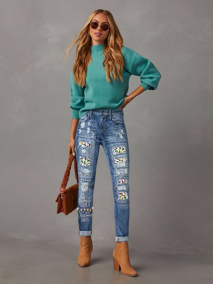 Women'S Distressed Jeans with Patch Printing, Featuring a Cartoon Mouse Pattern Patchwork, a Retro Vintage Style, And "Cartoon Mouse" Printed on The Cuffs