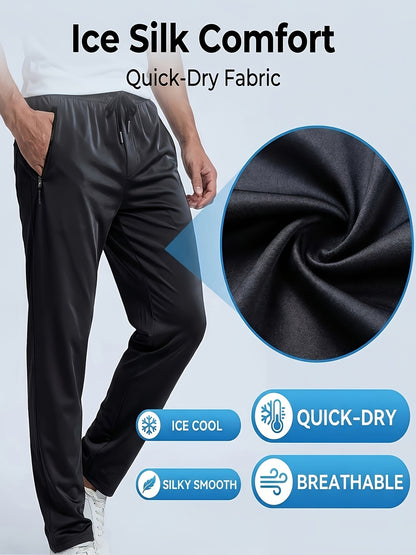 Three Pairs Of Men's Summer Stretch Ice Silky Fiber Long Pants Feature Drawstring Waistbands, Breathable And Quick-drying Materials, And Letter Patterns. Suitable for Fishing, Basketball, Camping, Gym Workouts, And Beach Running.