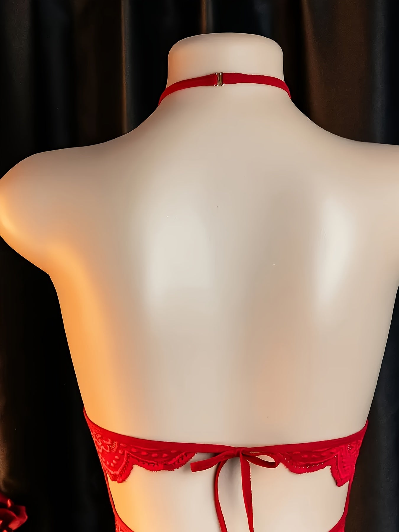 Sexy Women's Backless Bodysuit, Red Lace with Contrast Cut-Out Neckline, Unlined Full Coverage Jumpsuit, Adjustable Design Adult Lingerie