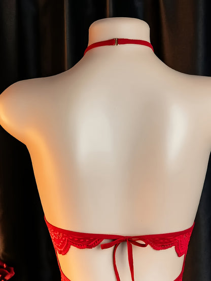 Sexy Women's Backless Bodysuit, Red Lace with Contrast Cut-Out Neckline, Unlined Full Coverage Jumpsuit, Adjustable Design Adult Lingerie