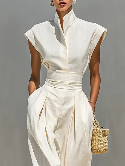 [High-Neck Long Dress] A White Blended Fabric High-Neck Long Dress With An Open Sleeve And A Pleated Waistband Pocket Design, Suitable For Both Professional And Casual Wear
